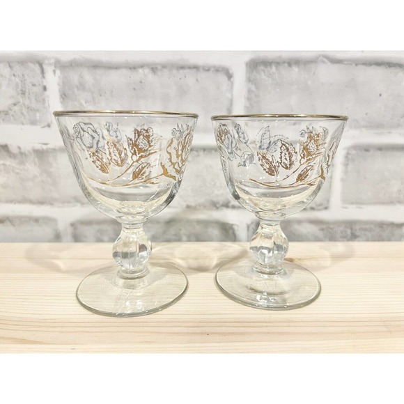 Set Of 2 Libbey Barware Rose Bouquet Champagne Sherbit Glasses 4 3/8” Tall 1960 - Picture 2 of 4